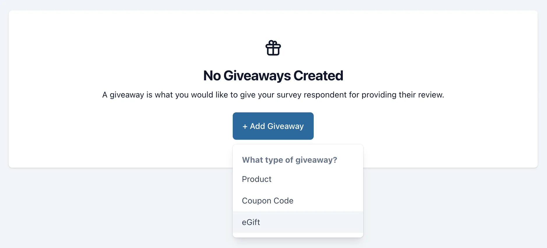 On the giveaways page, click "Add Giveaway" and then select "eGift."