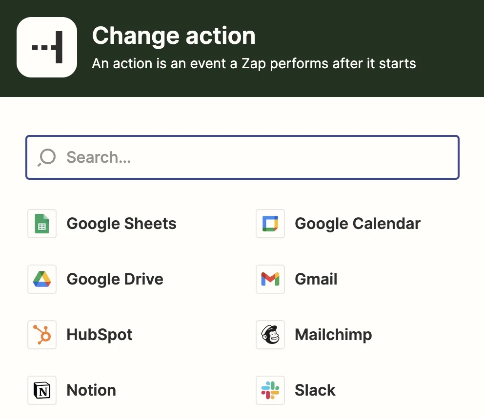 Zapier action selection
