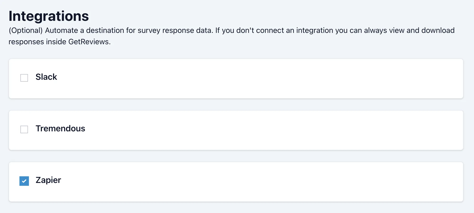 Zapier to GetReviews survey enablement